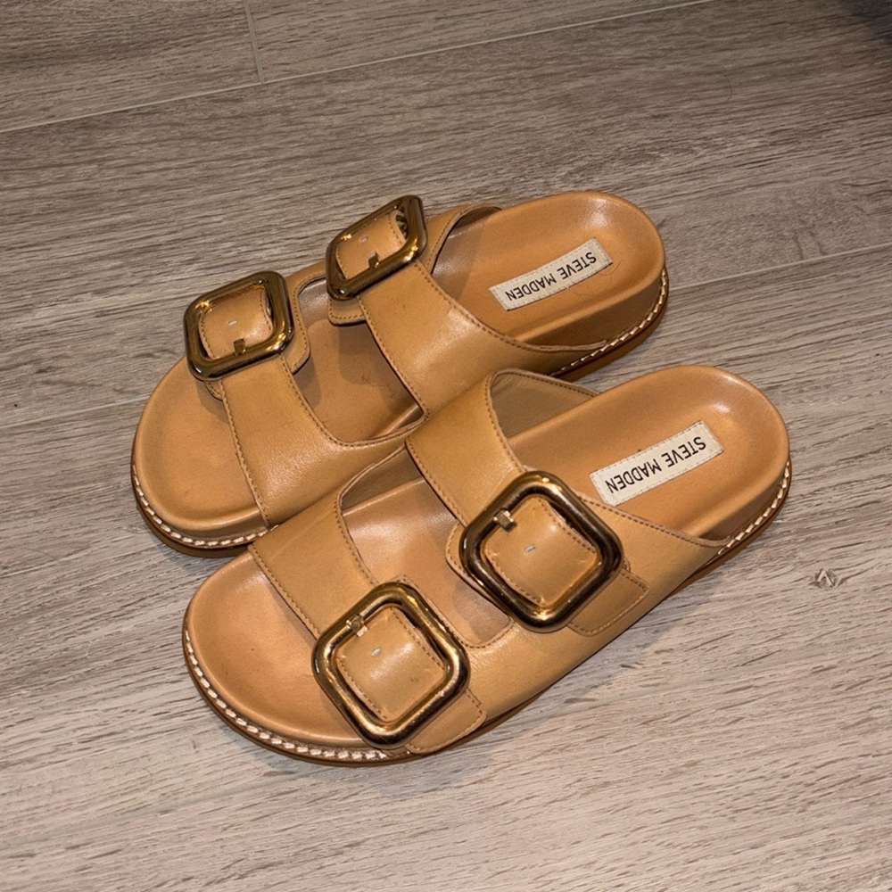 Steve Madden Tan Sandals with Gold Buckles